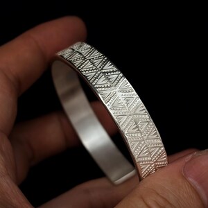 Mountain range Vintage Hand-Engraved 999 Fine Silver Cuff Bracelet, Adjustable Open Bangle, Handmade Geometric Totem Silver Jewelry
