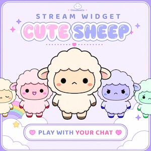 May include: A digital stream widget graphic titled CUTE SHEEP featuring five cartoon sheep in various pastel colors including white, pink, purple, and green. The text reads STREAM WIDGET CUTE SHEEP and PLAY WITH YOUR CHAT with small star and heart icons.