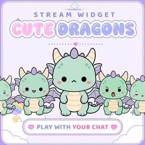 Puede incluir: Un gráfico de widget de transmisión digital con el texto "STREAM WIDGET CUTE DRAGONS" y "PLAY WITH YOUR CHAT". El diseño muestra cinco dragones de dibujos animados de color verde claro con alas y cuernos morados y vientres color crema sobre un fondo morado claro con nubes, estrellas y un pequeño arcoíris.
