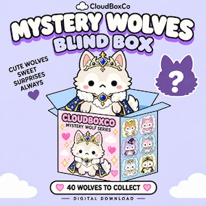 Könnte beinhalten: Eine digitale Grafik für die CloudBoxCo Mystery Wolves Blind Box mit einem Cartoon-Wolf, der eine Krone und einen Umhang trägt. Die Box zeigt den Text Mystery Wolves Blind Box, CloudBoxCo Mystery Wolf Series und 40 Wolves To Collect. Cute wolves sweet surprises always steht auf der linken Seite.