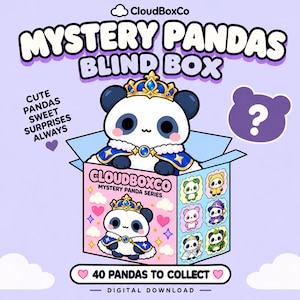 May include: A CloudBoxCo Mystery Pandas Blind Box digital download graphic featuring a cartoon panda wearing a gold crown and blue cape. The box displays the text Mystery Pandas Blind Box, 40 Pandas To Collect, and Cute Pandas Sweet Surprises Always.