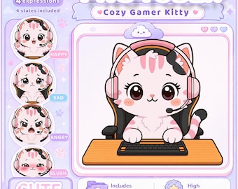 PNGTUBER - Pink Cat | Cute Gamer Cat Stream Asset | Voice Reactive PNGTUBER VTuber Images for Twitch, YouTube & OBS
