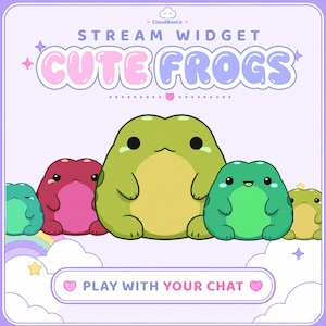 Może przedstawiać: Cyfrowa grafika z tekstem STREAM WIDGET CUTE FROGS oraz PLAY WITH YOUR CHAT. Ilustracja przedstawia pięć żab w stylu kreskówkowym w odcieniach zieleni, różu i turkusu, umieszczonych na jasnofioletowym tle z chmurami i gwiazdami.