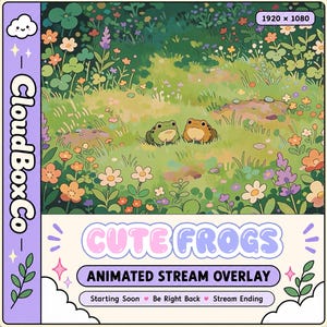 May include: An animated stream overlay featuring a green and an orange frog sitting in a colorful meadow of flowers. The design includes a vertical purple sidebar with the text CloudBoxCo, and a bottom panel with the text CUTE FROGS ANIMATED STREAM OVERLAY, Starting Soon, Be Right Back, and Stream Ending.