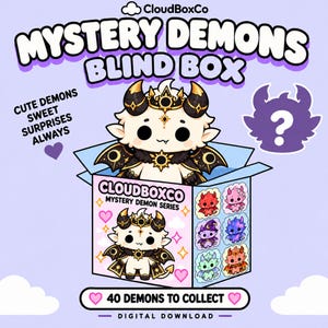 Puede incluir: Una descarga digital de Mystery Demons Blind Box con un personaje demonio blanco con cuernos y alas negras. La caja muestra el texto CloudBoxCo Mystery Demon Series y seis ilustraciones de demonios. El texto dice 40 Demons To Collect.