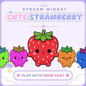 Può includere: Una grafica widget per streaming intitolata CUTE STRAWBERRY di CloudBoxCo. L'immagine presenta cinque personaggi fragola in stile cartone animato con volti su uno sfondo viola chiaro. Il testo include STREAM WIDGET, CUTE STRAWBERRY e PLAY WITH YOUR CHAT.