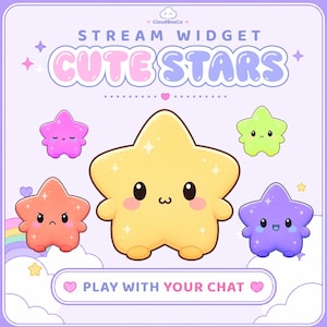 May include: A digital graphic featuring the text STREAM WIDGET CUTE STARS and PLAY WITH YOUR CHAT. The image displays five anthropomorphic star characters in yellow, pink, green, orange, and purple, each with distinct facial expressions and sparkles.