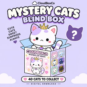 Può includere: Un grafico in download digitale per una Mystery Cats Blind Box di CloudBoxCo. Presenta un gatto bianco con macchie viola che indossa una corona d'oro e un ciondolo a forma di cuore viola. La scatola mostra 40 gatti da collezionare, con il testo Cute Cats Sweet Surprises Always.