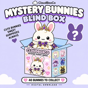 May include: A digital graphic featuring a white cartoon bunny wearing a purple crown and cape inside a box labeled CloudBoxCo Mystery Bunny Series. The text reads Mystery Bunnies Blind Box, Cute Bunnies Sweet Surprises Always, and 40 Bunnies To Collect.
