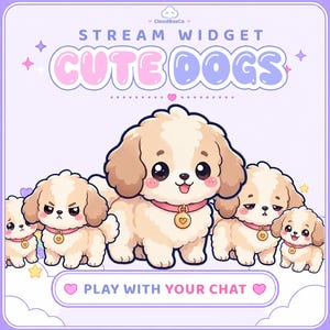 Könnte beinhalten: Eine digitale Grafik mit sechs Cartoon-Hunden mit cremefarbenem Fell und braunen Ohren. Der Text "CUTE DOGS" wird über den Hunden angezeigt, und "PLAY WITH YOUR CHAT" darunter. Der Hintergrund ist lavendelfarben.