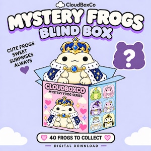 Könnte beinhalten: Eine digitale Grafik für die CloudBoxCo Mystery Frogs Blind Box mit einem Cartoon-Frosch, der eine blau-goldene Krone und einen Umhang trägt. Die Box zeigt den Text Mystery Frog Series und sechs kleine Froschillustrationen mit 40 Fröschen zum Sammeln.