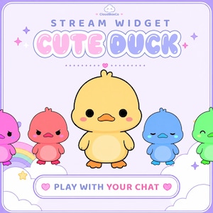 Könnte beinhalten: Eine digitale Grafik für ein Stream-Widget mit dem Titel CUTE DUCK von CloudBoxCo. Es zeigt eine große gelbe Ente in der Mitte, umgeben von kleineren rosa, roten, blauen und grünen Enten. Der Text lautet STREAM WIDGET CUTE DUCK und PLAY WITH YOUR CHAT.