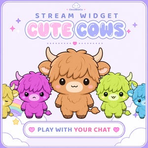 Könnte beinhalten: Eine digitale Grafik mit dem Text STREAM WIDGET CUTE COWS und PLAY WITH YOUR CHAT. Das Design zeigt fünf gezeichnete Hochlandrinder in Gelb, Pink, Braun, Grün und Blau vor einem hellvioletten Hintergrund mit Wolken und Sternen.