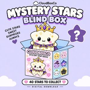 May include: A digital graphic featuring a Mystery Stars Blind Box by CloudBoxCo. A cream-colored star character with a purple cape and gold crown sits in a box. Text reads: Mystery Stars Blind Box, Cute Stars Sweet Surprises Always, 40 Stars To Collect.