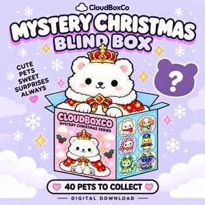 Può includere: Un grafico digitale per una Mystery Christmas Blind Box di CloudBoxCo con un orso bianco che indossa una corona e un mantello rosso e oro. La scatola mostra varie illustrazioni di animali, il testo "Cute Pets Sweet Surprises Always" e "40 Pets To Collect."