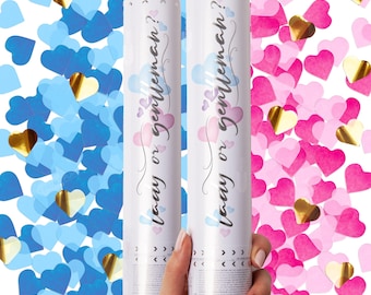 Gender Reveal Confetti Cannon - Set of 2 - Heart Shaped Confetti for Baby Announcement Set
