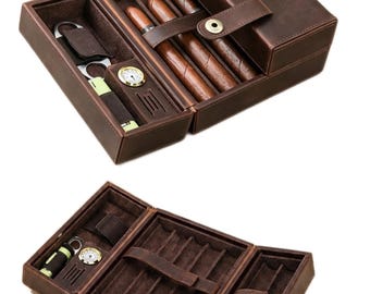 Étui de voyage en cuir de luxe pour cave à cigares, boîte à cigares en bois vintage, cadeau pour homme, cadeau de garçon d'honneur, rangement pour amateur de cigares