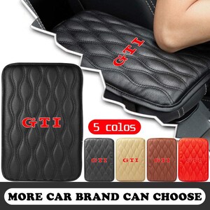 May include: Black car armrest cover with red "GTI" lettering. The cover has a quilted pattern. The image also shows four additional covers in black, beige, brown, and red. The text "5 colos" and "MORE CAR BRAND CAN CHOOSE" are also visible.