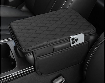 Car Armrest Cover with Storage, Microfiber Leather Center Console Cushion Pad, Universal Auto Organizer with 2 Pockets Black