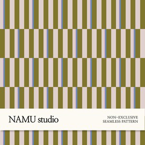 May include: Seamless pattern design featuring vertical stripes in olive green, light pink, and pale blue. The design is a repeating pattern with a grid-like structure. The text "NAMU studio" and "NON-EXCLUSIVE SEAMLESS PATTERN" are displayed on a white banner.