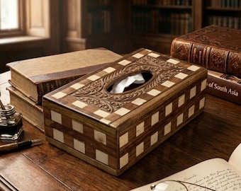10-Inch Hand-Carved Wooden Tissue Box Cover, Checkered Wood Inlay Tissue Holder, Vintage Home Decor & Luxury Table Organizer Gift