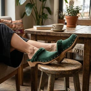 Green Sheepskin Clogs, Suede Mules with Wooden Soles and Metal Studs