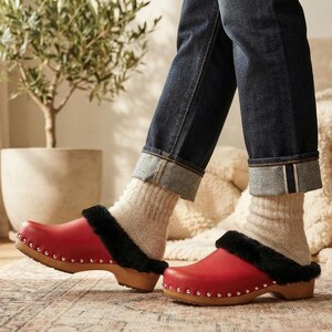 Red Sheepskin Clogs, Wooden Sole Mules with Stud Details
