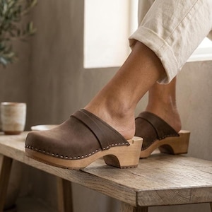 Nubuck Leather Clogs, Brown Natural with Wooden Sole