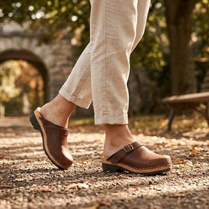 Swedish Clogs in Dark Brown Leather, Wooden Sole Slip-On Shoes for Women
