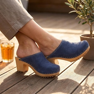 Blue Suede Clogs for Women, Handmade Swedish Wooden Shoes with 7 cm Heel