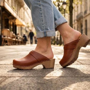 Vegan Wooden Clogs for Women, Brown Swedish Style Leather Mules
