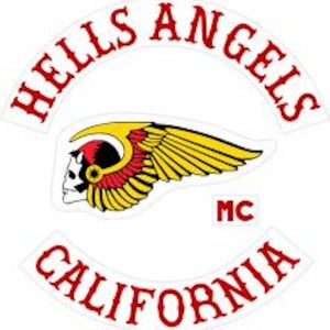 May include: A white patch with the words "HELLS ANGELS" in red, arched across the top. Below, a winged skull emblem with red, yellow, and black details. The word "CALIFORNIA" in red arches across the bottom. The letters "MC" are in a red box.
