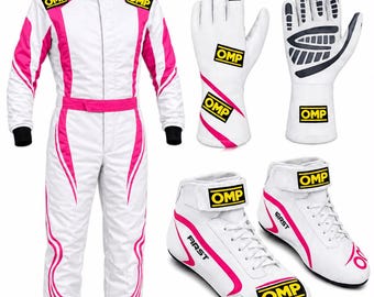 OMP Karting Race Suit Set  Gloves Boots white and red CIK FIA Gear