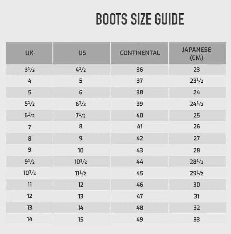 K&ouml;nnte beinhalten: Eine grau-wei&szlig;e Gr&ouml;&szlig;entabelle f&uuml;r Stiefel mit vier Spalten, die als UK, US, CONTINENTAL und JAPANESE (CM) beschriftet sind. Die Tabelle listet numerische Gr&ouml;&szlig;enumrechnungen von UK 3.5, US 4.5, Continental 36 und 23 cm bis hin zu UK 14, US 15, Continental 49 und 33 cm auf.