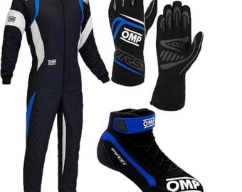 OMP Karting Race Suit Set  Gloves Boots Black and Blue CIK FIA Gear