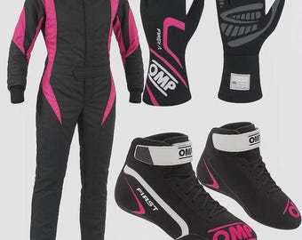 OMP Kart-Rennanzug-Set Handschuhe Stiefel Schwarz und Pink CIK FIA Gear