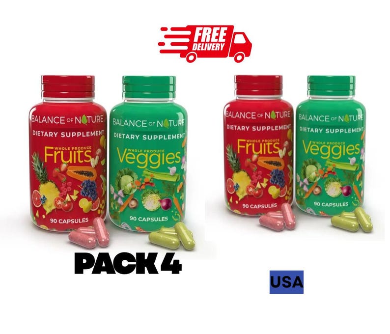 May include: Four bottles of dietary supplements, two red and two green, with the text "Balance of Nature" and "Fruits" and "Veggies." Each bottle contains 90 capsules. The image also includes the text "PACK 4" and "USA."
