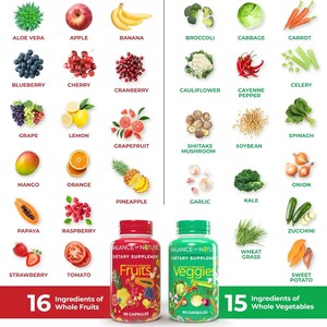 May include: A nutritional supplement product image featuring a variety of fruits and vegetables. The image includes a red bottle labeled "Fruits" and a green bottle labeled "Veggies." The image also displays 16 whole fruits and 15 whole vegetables.