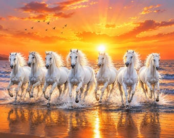 Seven White Horses at Golden Sunrise Painting