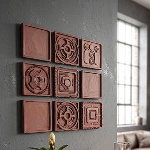 Terracotta 9 Tile Wall Panel Set, Provence Style Gypsum Relief in Clay Tone, Rustic Modern Earthy Art, Minimalist Textured Modular Decor