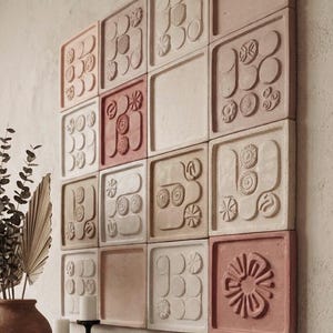Large Modular Wall Panel, Set of 16 Decorative Tiles, Terracotta & Beige Wall Art, Modern Minimalist Geometric Plaster Sculpture