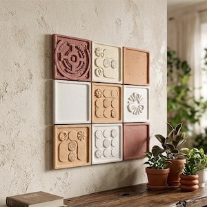 Handgjorda 3D-dekorativa plattor, set om 9, terrakottavit, rustik loftstil