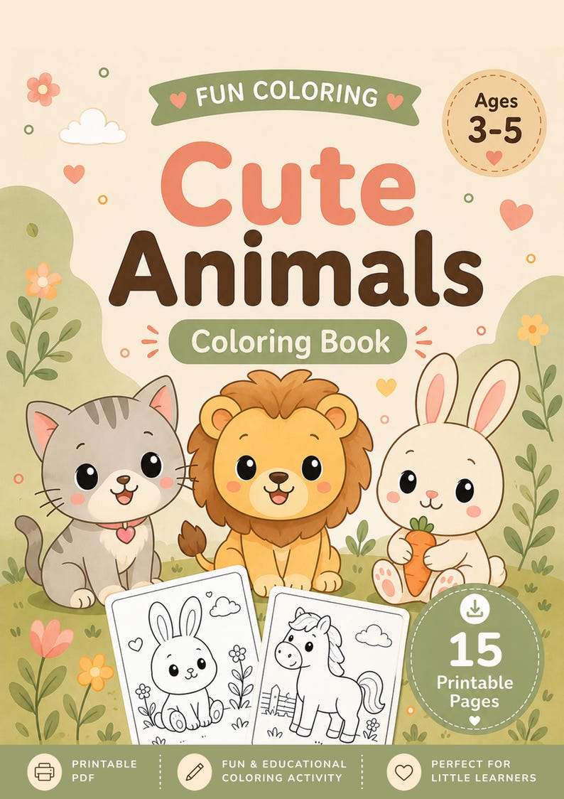 15 Animal Coloring Pages for Kids, Toddler Preschool Activity Book ...