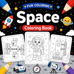 Peut inclure: Un livre de coloriage sur l'espace avec un fond noir parsemé d'étoiles, une fusée et une planète. La couverture présente trois pages rectangulaires blanches avec des dessins au trait d'une station spatiale, d'un astronaute et d'une fusée. Des crayons de couleur, un petit rover et un télescope sont disposés autour des pages.