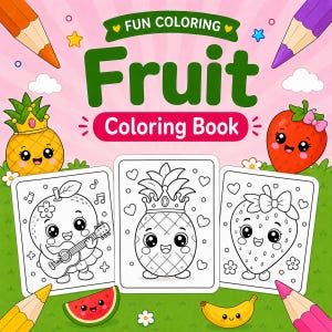 Puede incluir: Un libro para colorear Fun Coloring Fruit con fondo rosa, con una ilustración de piña y fresa. Tres páginas blancas muestran dibujos de líneas en blanco y negro de una manzana con guitarra, una piña con corona y una fresa con lazo.