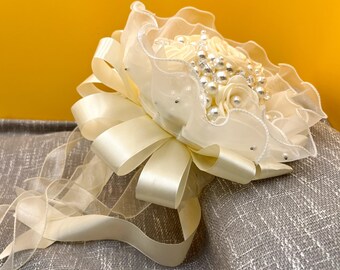 Luxury Pearl Bridal Bouquet Blush Satin Rose Handmade Romantic Wedding Hand Posy