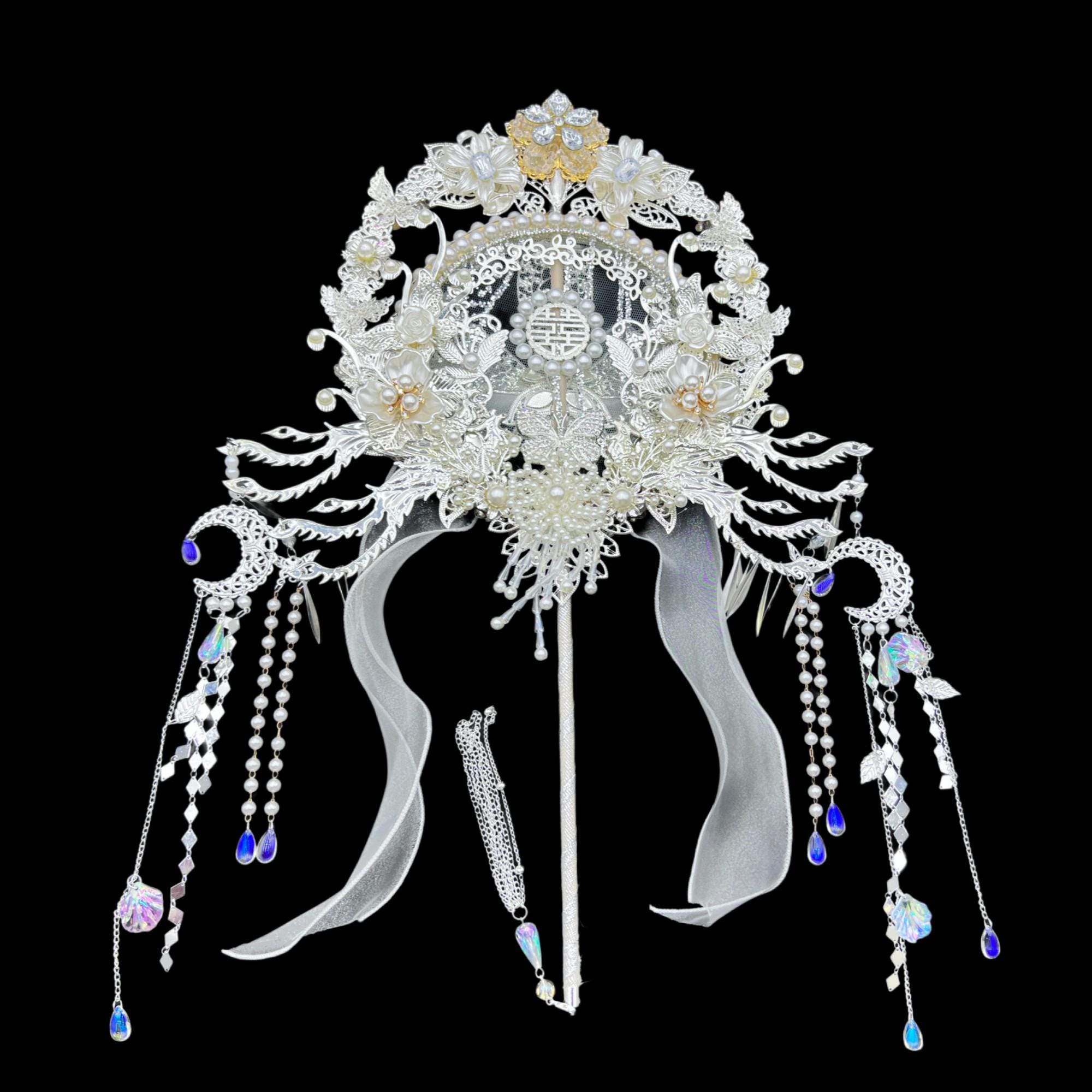 Vintage Chinese White Bridal hand Fan Elegant pearl Luxury japanese Wedding Accessory