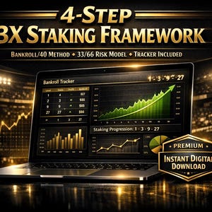 Peut inclure: Un ordinateur portable affiche un graphique financier avec le texte "4-STEP 3X STAKING FRAMEWORK". L'écran montre des graphiques et des données, dont "Bankroll Tracker" et "Staking Progression". Un badge doré indique "Premium Instant Digital Download".