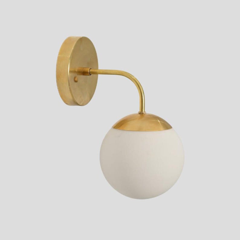 Modern Brass Globe Wall Sconce, Opal Glass Bathroom Vanity Light, Mid ...