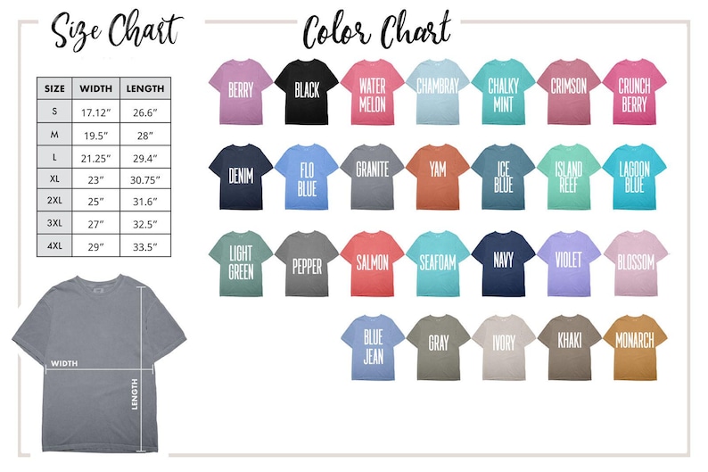 May include: A size chart and color chart for t-shirts. The size chart lists widths and lengths in inches for sizes S through 4XL. The color chart displays 28 t-shirt icons in various colors with labels including Berry, Black, Denim, and Monarch.
